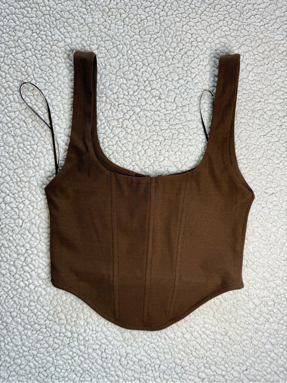 Brown Square-Neck Corset Crop Top with Structured Seams